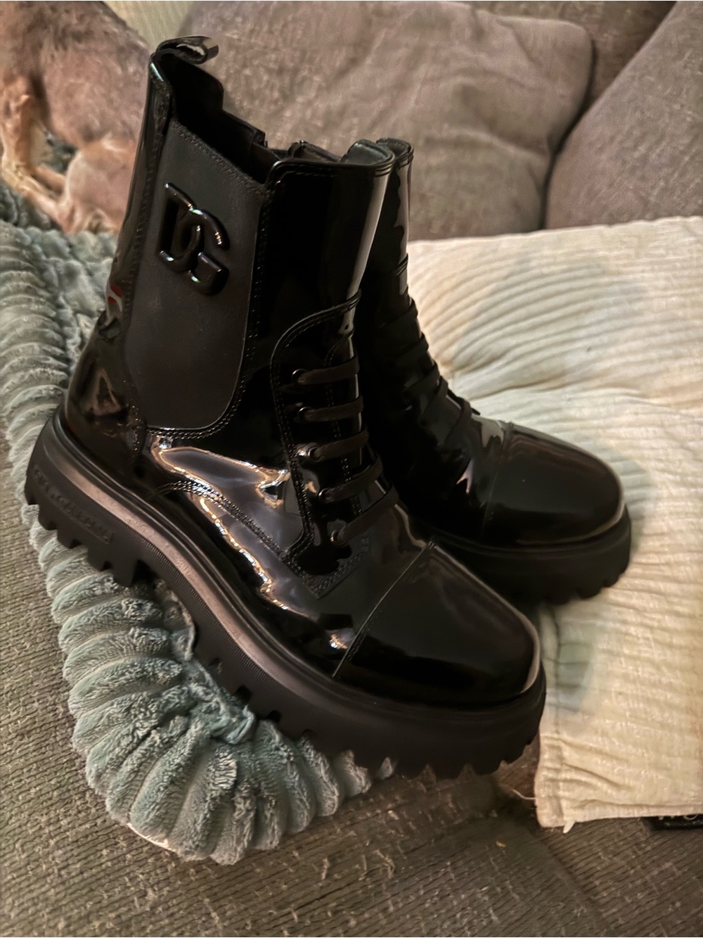 Dolce & Gabbana Black Patent Lace-Up Combat Boots